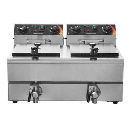 Freidora profunda eléctrica de sobremesa  VEVOR Modelo: SG24L5000W12L1KYVV1, doble tanque, 3000W total (1500W por tanque), capacidad 11L por tanque. Acero inoxidable, control independiente temperatura y temporizador