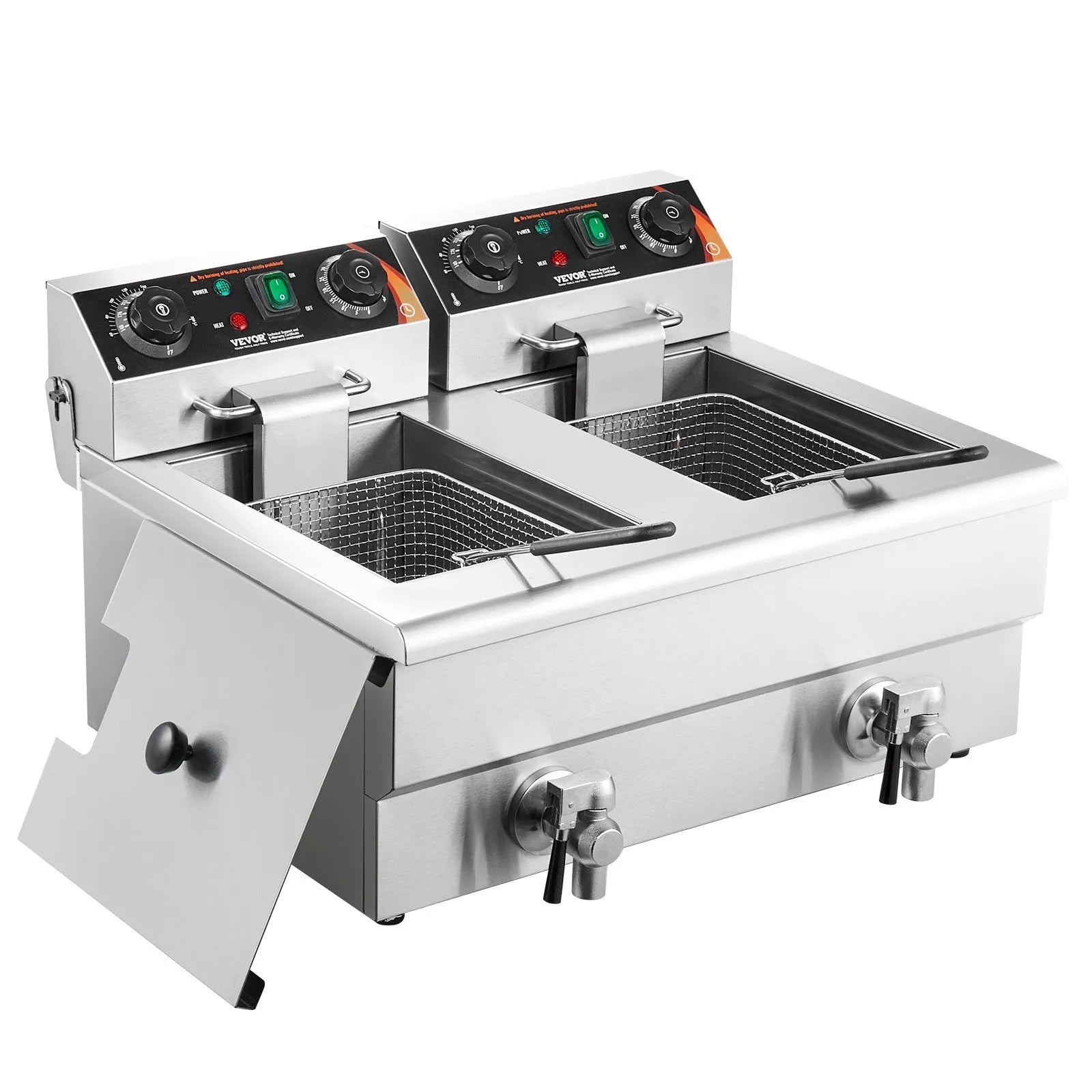 Freidora profunda electrica VEVOR dimensiones 57x52x35.5cm con cubierta anti-salpicaduras. Soportes para cestas evitan contacto con calentadores