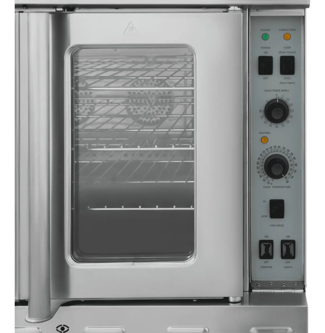 Ventanas de vidrio térmico de doble panel en el horno DRAGO GCO-511, permiten monitorear la cocción sin perder calor. Temporizador eléctrico de 60 min con campana.