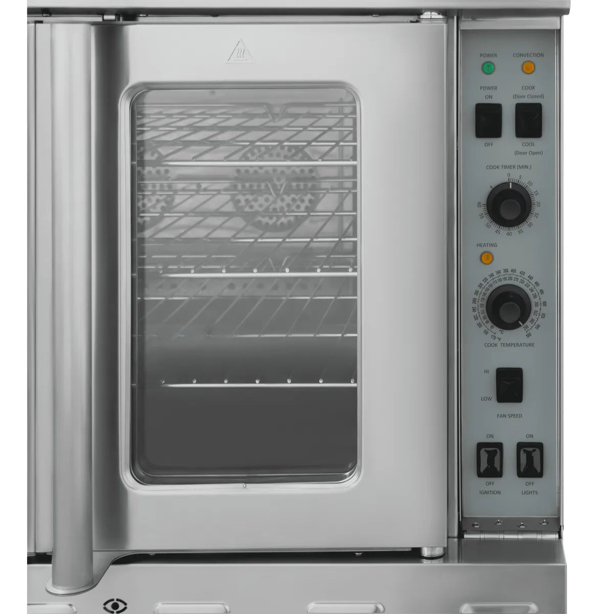 Ventanas de vidrio térmico de doble panel en el horno DRAGO GCO-511, permiten monitorear la cocción sin perder calor. Temporizador eléctrico de 60 min con campana.