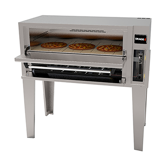 Interior del horno DRAGO HP-3 con parrilla niquelada intermedia, duplicando capacidad de cocción. Base cerámica para distribución uniforme de calor (150-343°C).