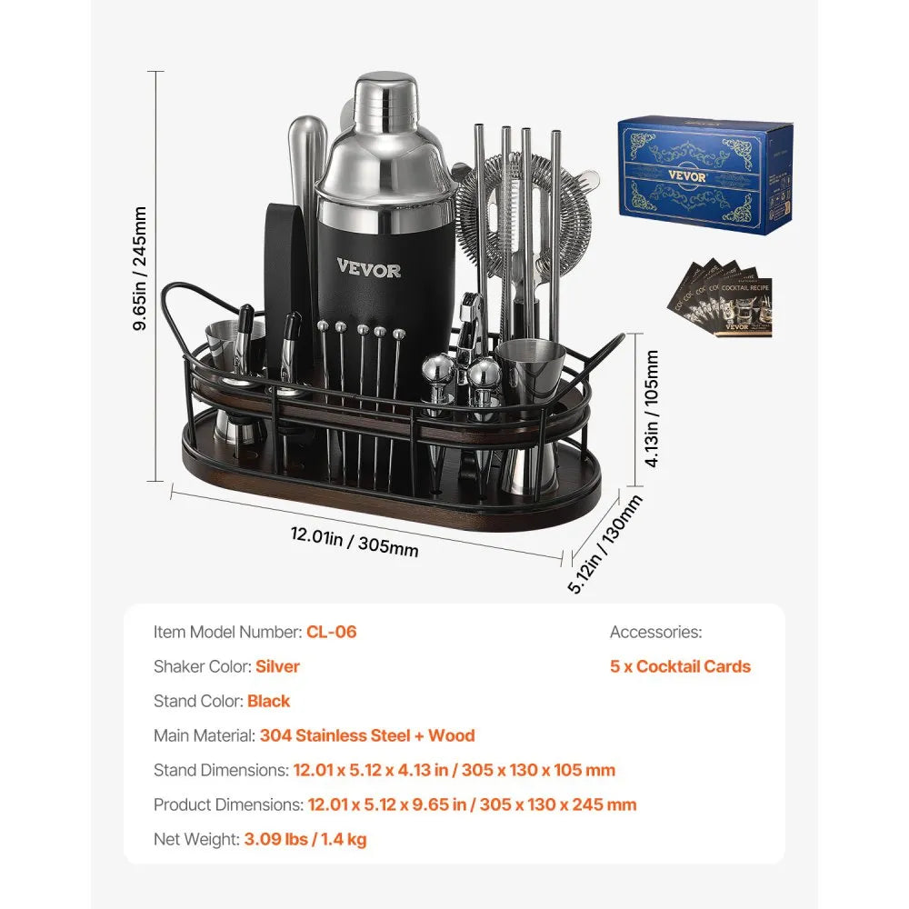 Coctelera VEVOR 23 pzas acero inoxidable 304 con soporte bambú