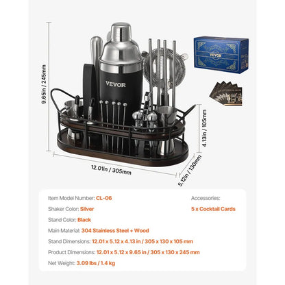 Coctelera VEVOR 23 pzas acero inoxidable 304 con soporte bambú
