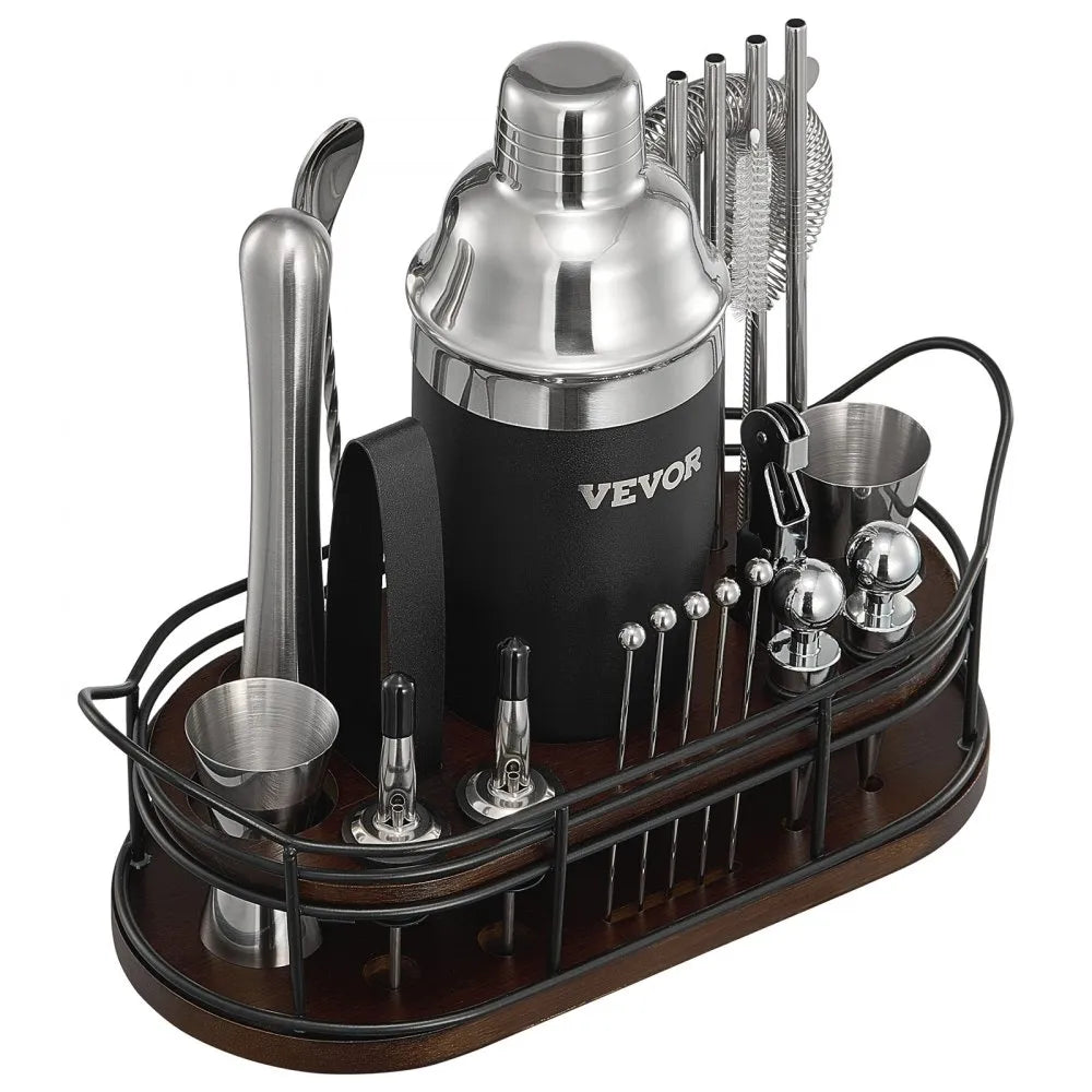 Coctelera VEVOR 23 pzas acero inoxidable 304 con soporte bambú
