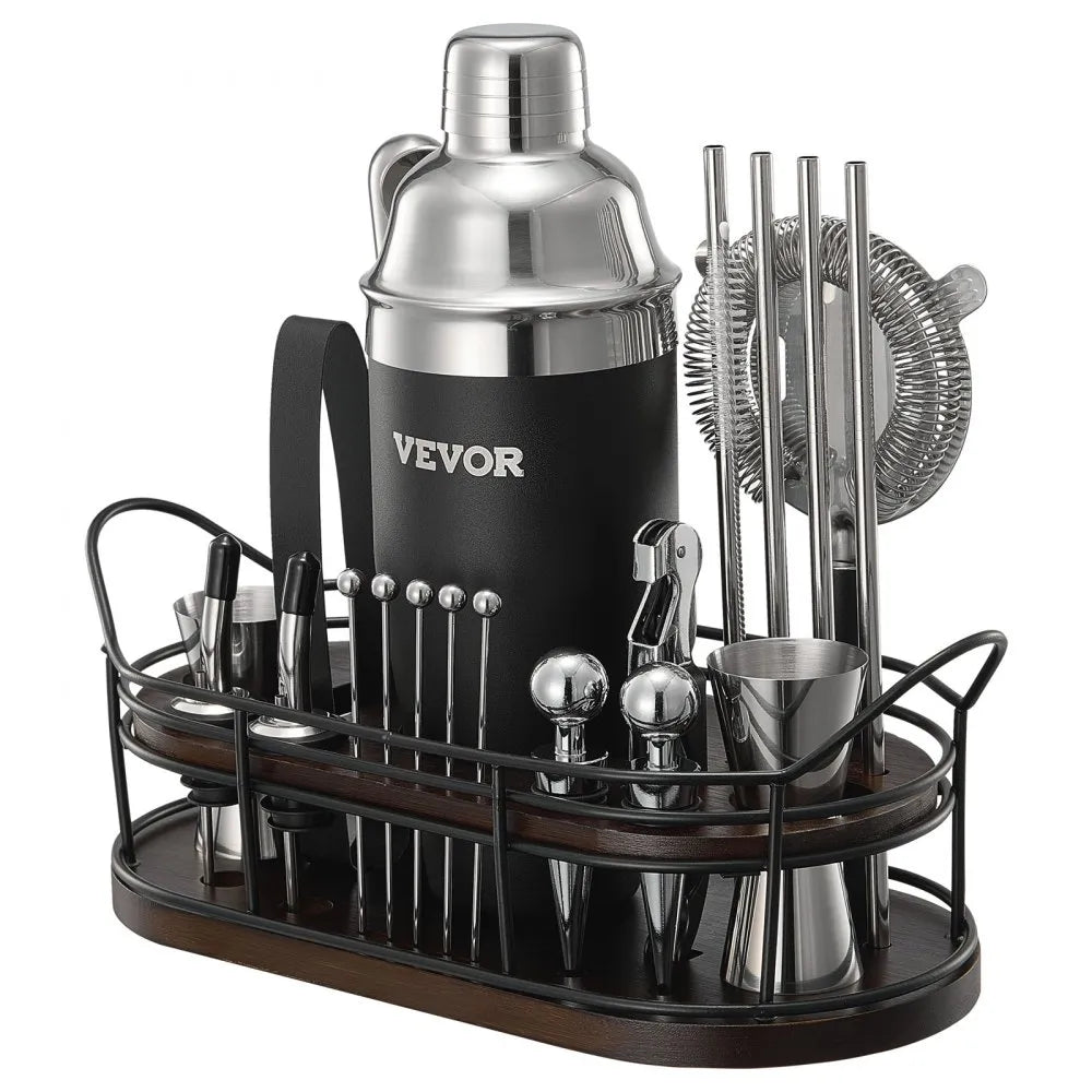 Coctelera VEVOR 23 pzas acero inoxidable 304 con soporte bambú