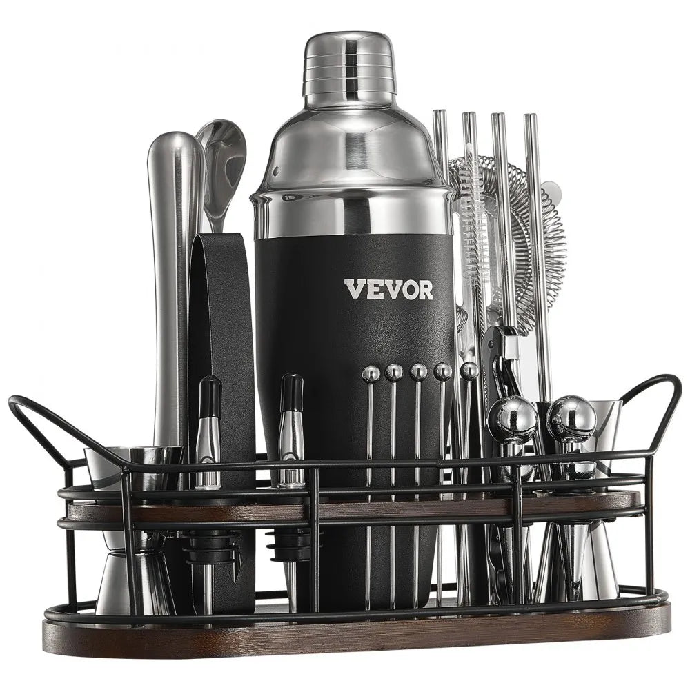Coctelera VEVOR 23 pzas acero inoxidable 304 con soporte bambú
