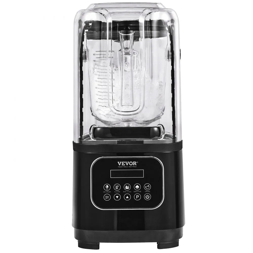 Licuadora profesional VEVOR HS-212C-US-B con cabina insonorizada, 2L capacidad, 2200W pico. 9 velocidades, 5 funciones, cuchillas acero 304, certificación ETL/CE