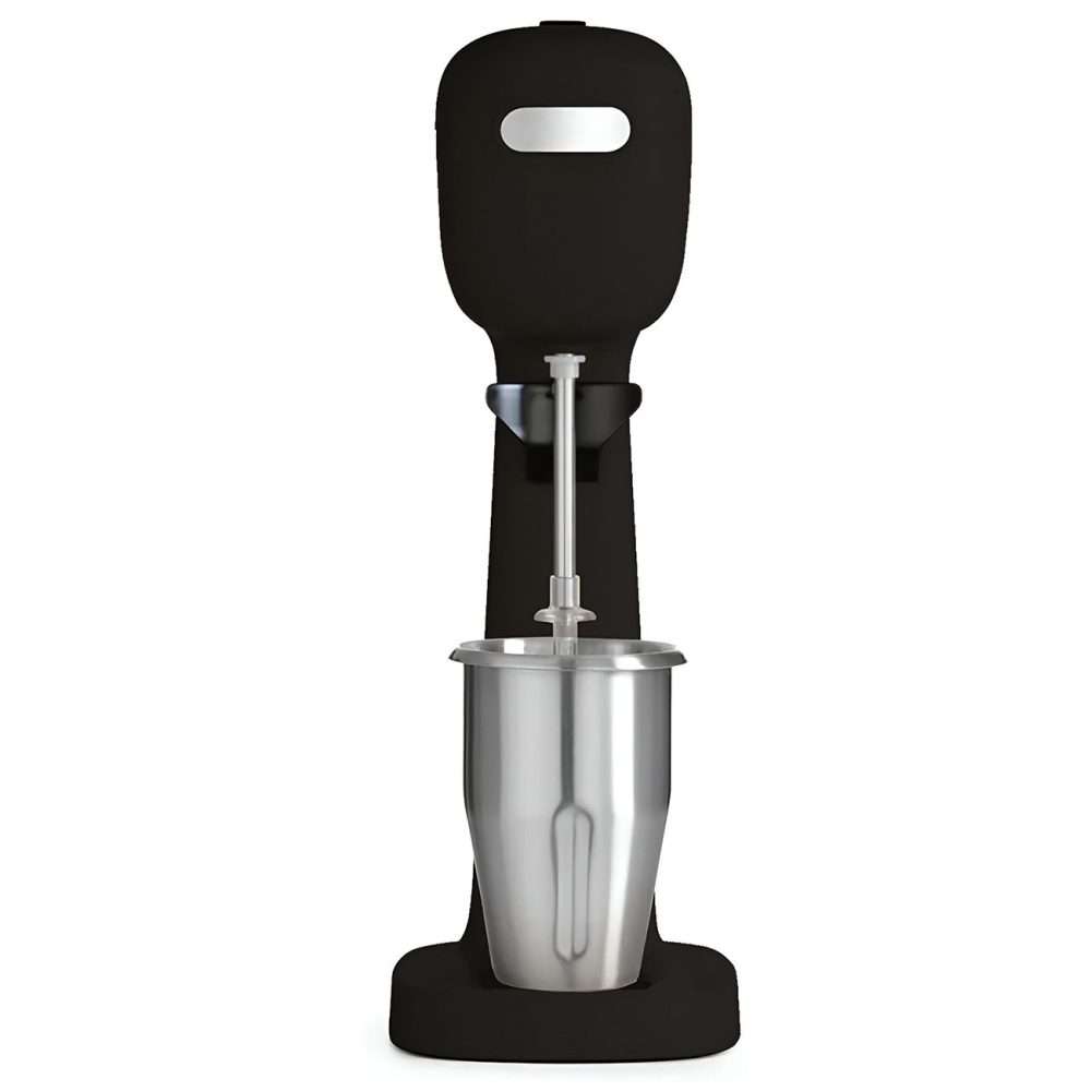 Batidora profesional Migsa DM-D para fuentes de soda: prepara bebidas cremosas con sus 3 agitadores y vasos de acero/policarbonato. Motor 400W y diseño robusto en ABS. ¡Perfecta para malteadas y chocomiles en color negro mate con vaso en color acero