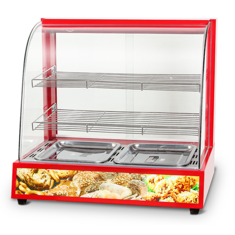 Vitrina Caliente MIGSA BN-660R - Cristal Curvo, 2 Bandejas Incluidas, Gabinete Esmaltado - Para Alimentos Calientes