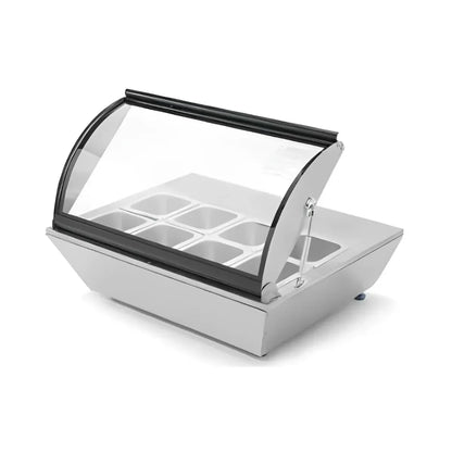 Base caliente eléctrica MIGSA RTR-67L con 8 insertos, gabinete en acero inoxidable y tapa de cristal abatible. Control digital (30-90°C), resistencia 500W. Ideal para buffets y comedores