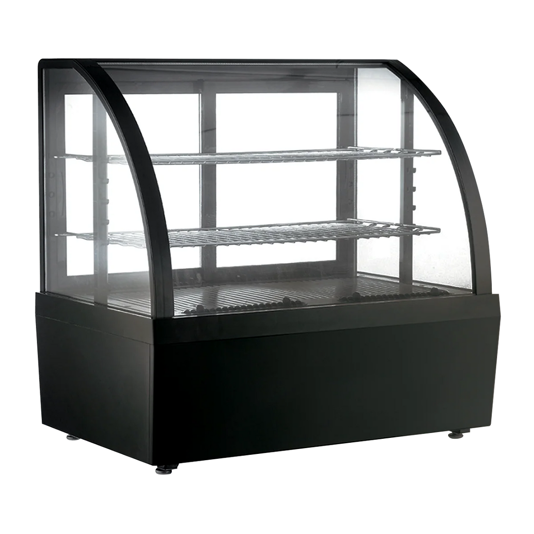 Vitrina refrigerada MIGSA RTW-100L-3 color negro, cristal curvo antiempañante, capacidad 100L. Ideal para exhibir alimentos en espacios reducidos. Control digital (0-12°C) y luz LED