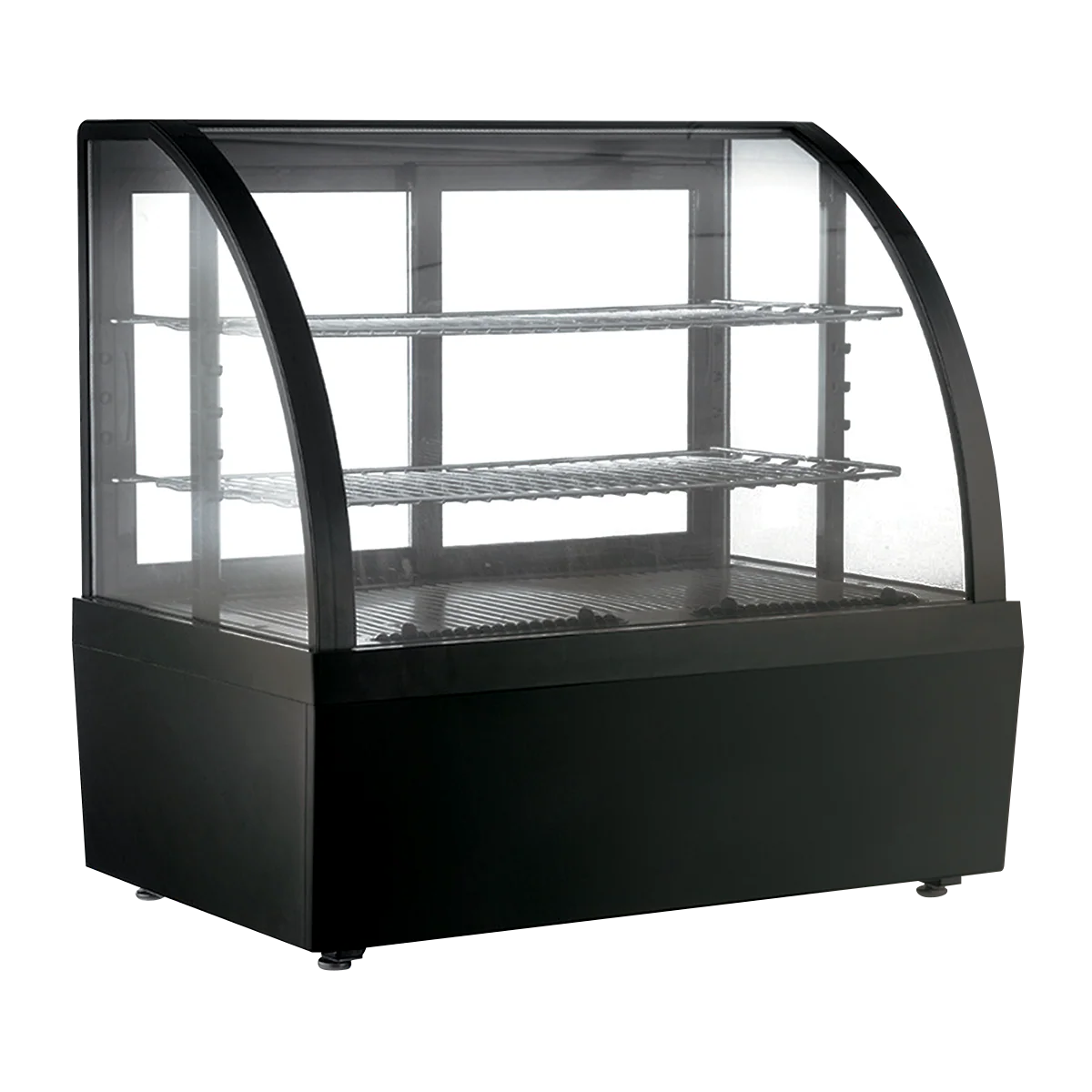Vitrina refrigerada MIGSA RTW-100L-3 color negro, cristal curvo antiempañante, capacidad 100L. Ideal para exhibir alimentos en espacios reducidos. Control digital (0-12°C) y luz LED