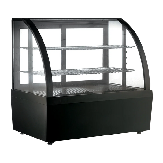 Vitrina refrigerada MIGSA RTW-100L-3 color negro, cristal curvo antiempañante, capacidad 100L. Ideal para exhibir alimentos en espacios reducidos. Control digital (0-12°C) y luz LED