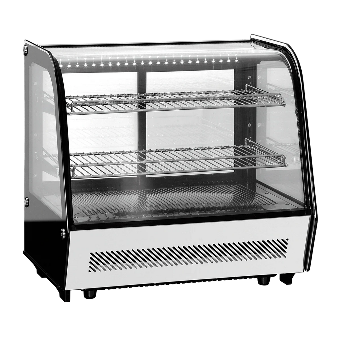 Vitrina refrigerada MIGSA RTW-120L4 con cristal curvo antiempañante, capacidad 120L. Ideal para exhibir alimentos en espacios reducidos. Control digital (0-12°C), luz interior y ahorro de energía