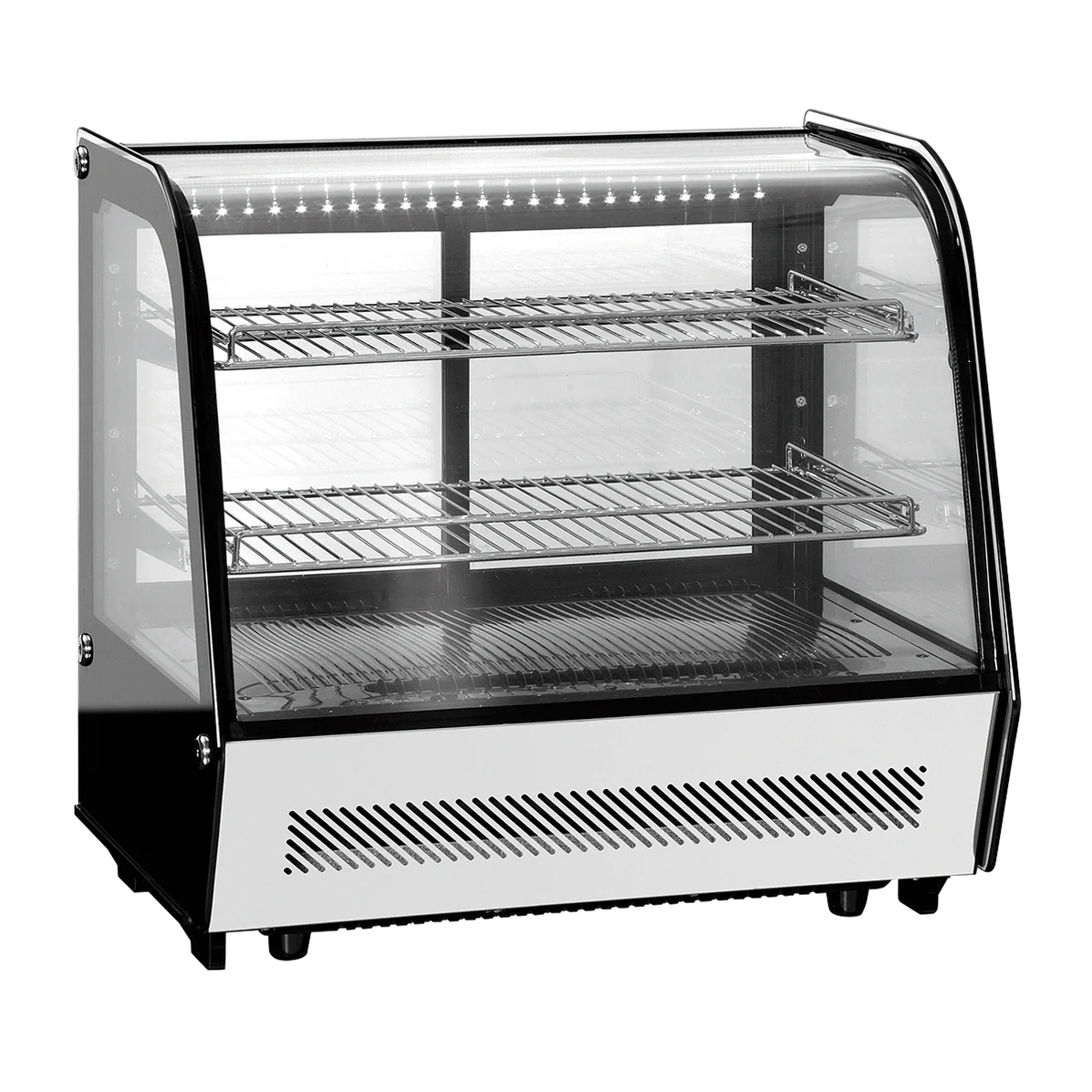 Vitrina refrigerada MIGSA RTW-120L4 con cristal curvo antiempañante, capacidad 120L. Ideal para exhibir alimentos en espacios reducidos. Control digital (0-12°C), luz interior y ahorro de energía