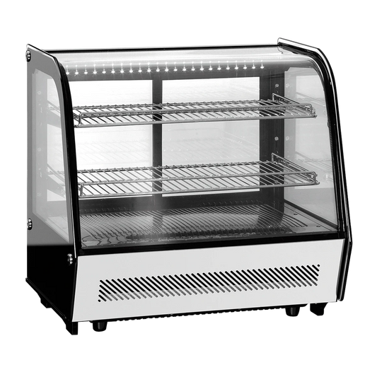 Vitrina refrigerada MIGSA RTW-120L4 con cristal curvo antiempañante, capacidad 120L. Ideal para exhibir alimentos en espacios reducidos. Control digital (0-12°C), luz interior y ahorro de energía