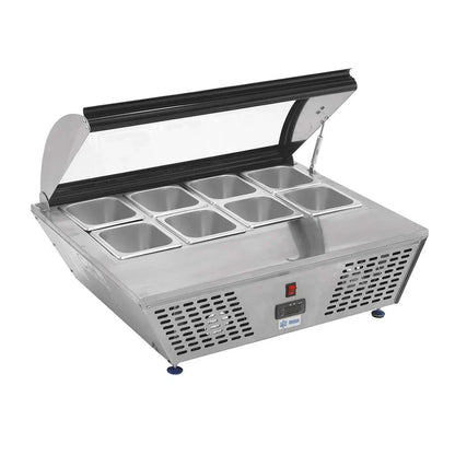 Base refrigerada MIGSA RTW-67L con 8 insertos, gabinete en acero inoxidable y tapa de cristal abatible. Control digital (2-12°C), capacidad 67L. Ideal para buffets fríos y ensaladas