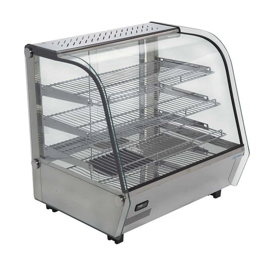 Vitrina caliente MIGSA RTR-120L sobre mostrador, acero inoxidable, vidrio curvo frontal y capacidad 120L. Ideal para mantener alimentos calientes (30-90°C). Incluye iluminación LED y depósito de vaporización