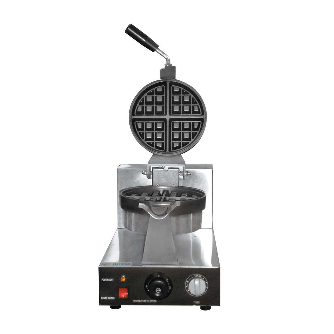 Wafflera profesional MIGSA UWBX-1: sistema giratorio, placas antiadherentes y termostato preciso. Ideal para negocios de comida, con capacidad de 60 waffles/hora y diseño ergonómico en acero inoxidable