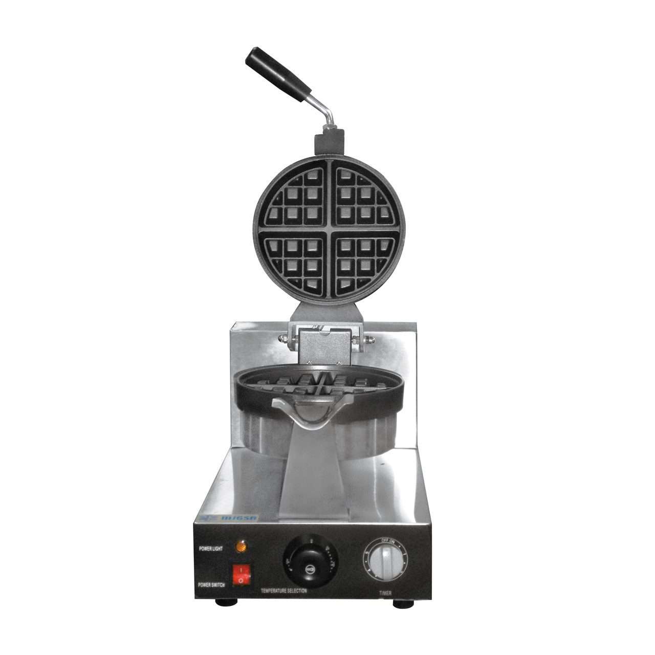 Wafflera profesional MIGSA UWBX-1: sistema giratorio, placas antiadherentes y termostato preciso. Ideal para negocios de comida, con capacidad de 60 waffles/hora y diseño ergonómico en acero inoxidable