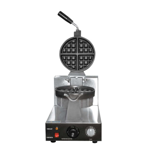 Wafflera profesional MIGSA UWBX-1: sistema giratorio, placas antiadherentes y termostato preciso. Ideal para negocios de comida, con capacidad de 60 waffles/hora y diseño ergonómico en acero inoxidable