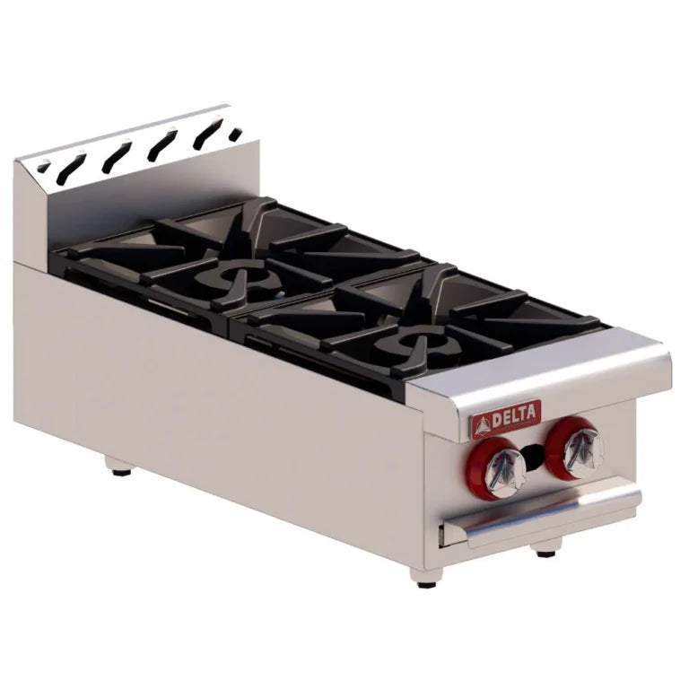 Parrilla a gas Delta 1-2-V, 64,000 BTU, 2 quemadores abiertos. Acero inoxidable, parrillas de fundición desmontables, ideal para restaurantes y hoteles de venta en Webstaurant México