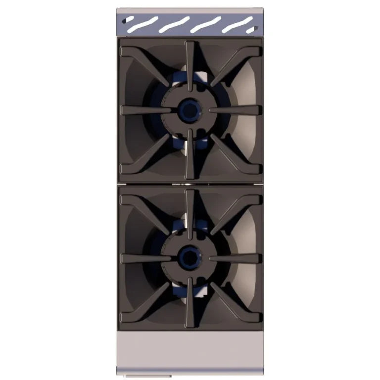 vista aerea de la Parrilla a gas Delta 1-2-V, 64,000 BTU, 2 quemadores abiertos. Acero inoxidable, parrillas de fundición desmontables, ideal para restaurantes y hoteles de venta en Webstaurant Mexico