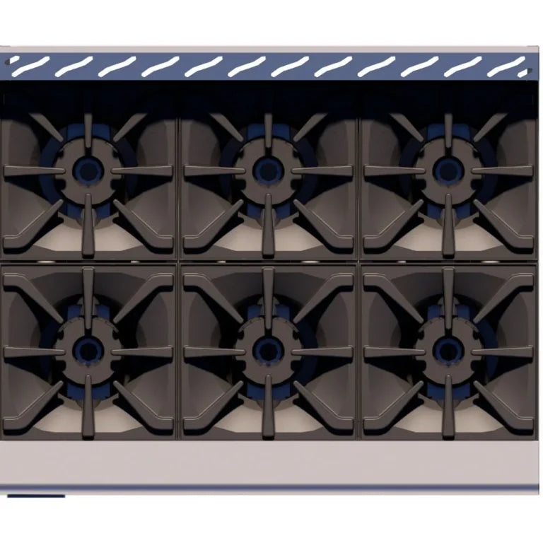 Seis quemadores abiertos a Gas de la parrilla Delta 3-6, 180,000 BTU total. Máxima potencia para servicio intensivo, distribución uniforme de calor de venta en Webstaurant México