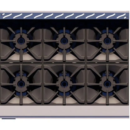 Seis quemadores abiertos a Gas de la parrilla Delta 3-6, 180,000 BTU total. Máxima potencia para servicio intensivo, distribución uniforme de calor de venta en Webstaurant México