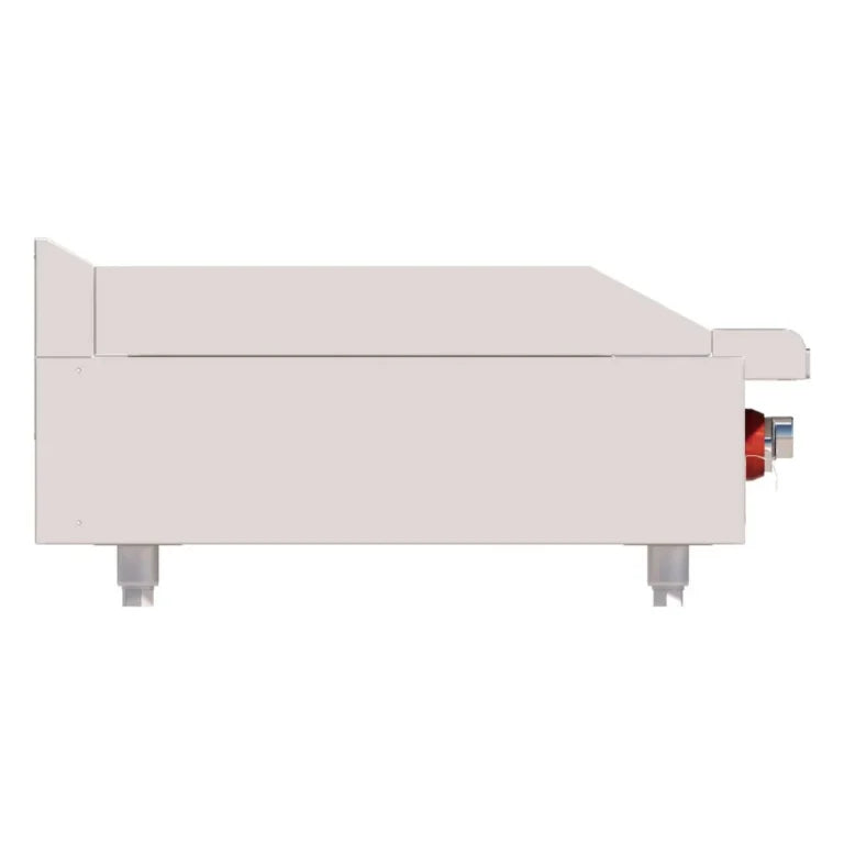 vista lateral de la Plancha Delta 1-G con charola recolectora desmontable y panel de controles desmontable. Facilita mantenimiento y limpieza profunda