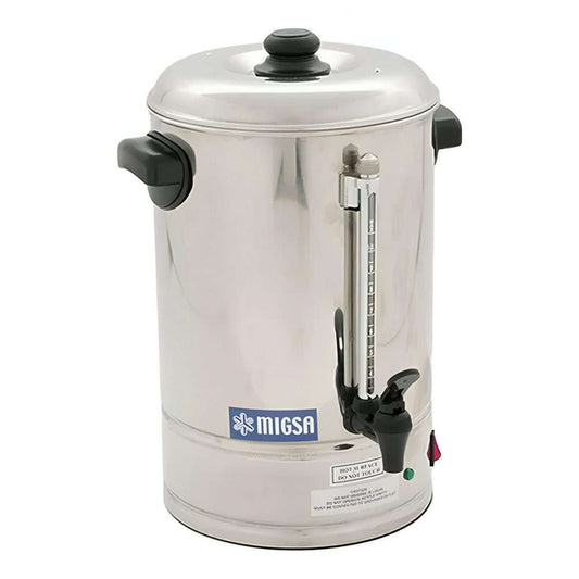 Cafetera percoladora eléctrica MIGSA CP-10 de 10L (60 tazas). Cuerpo en acero inoxidable, colador de aluminio y asas de baquelita termorresistente. Sistema automático con llave antigoteo, tubo indicador de nivel y apagador con luz piloto (110V/60Hz). Medidas: 35x35x60 cm, peso: 10 kg. Ideal para oficinas o comedores industriales.