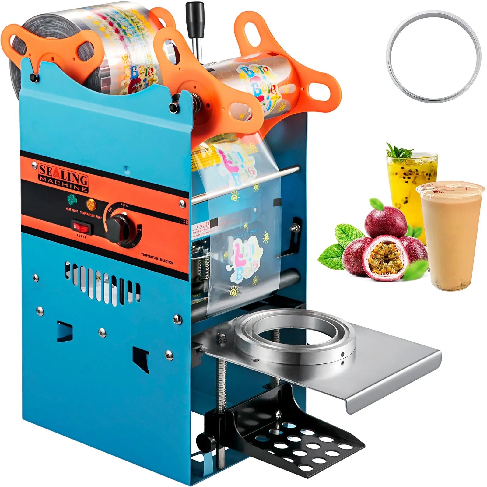 Selladora manual de tazas VEVOR color azul, producción 300-500 tazas/hora, diámetro 90/95mm. Estructura acero al carbono para té con leche y bebidas
