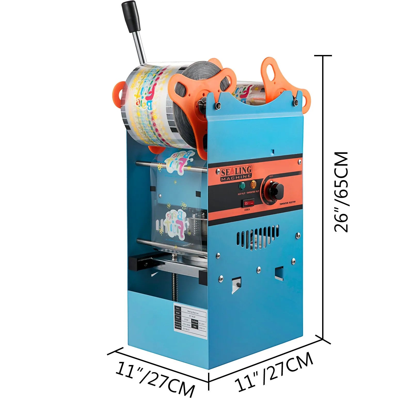 Selladora VEVOR dimensiones 27x27x65cm, diseño vertical compacto. Ideal para mostradores con espacio limitado