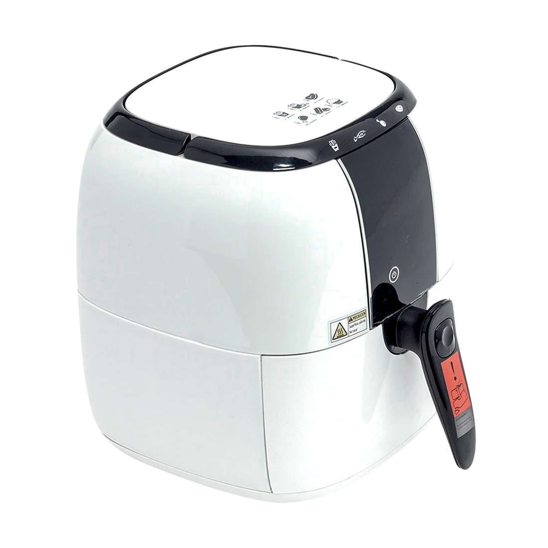 Turbo Freidora de Aire Digital MIGSA GCE-AFE02 (color blanco). Sistema de convección sin aceite con 4 programas automáticos, temperatura ajustable hasta 200°C y temporizador de 20 min. Incluye canastilla de 2.2L, rejilla y porta-canastillas antiadherentes (Teflón). Voltaje: 110V/60Hz. Medidas: 28x35x32 cm, peso: 5.2 kg. Diseño con asa superior oculta