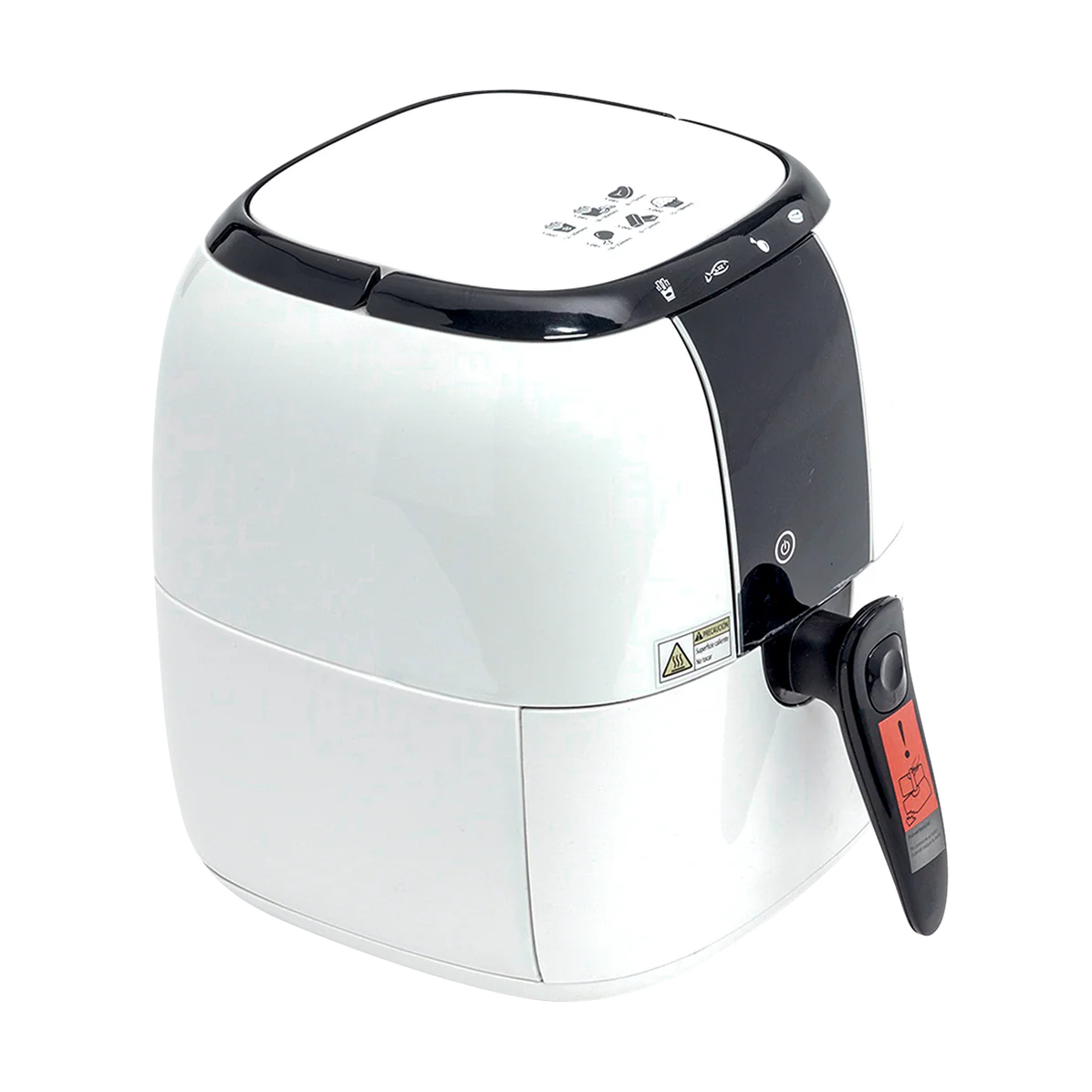 Turbo Freidora de Aire Digital MIGSA GCE-AFE02 (color blanco). Sistema de convección sin aceite con 4 programas automáticos, temperatura ajustable hasta 200°C y temporizador de 20 min. Incluye canastilla de 2.2L, rejilla y porta-canastillas antiadherentes (Teflón). Voltaje: 110V/60Hz. Medidas: 28x35x32 cm, peso: 5.2 kg. Diseño con asa superior oculta