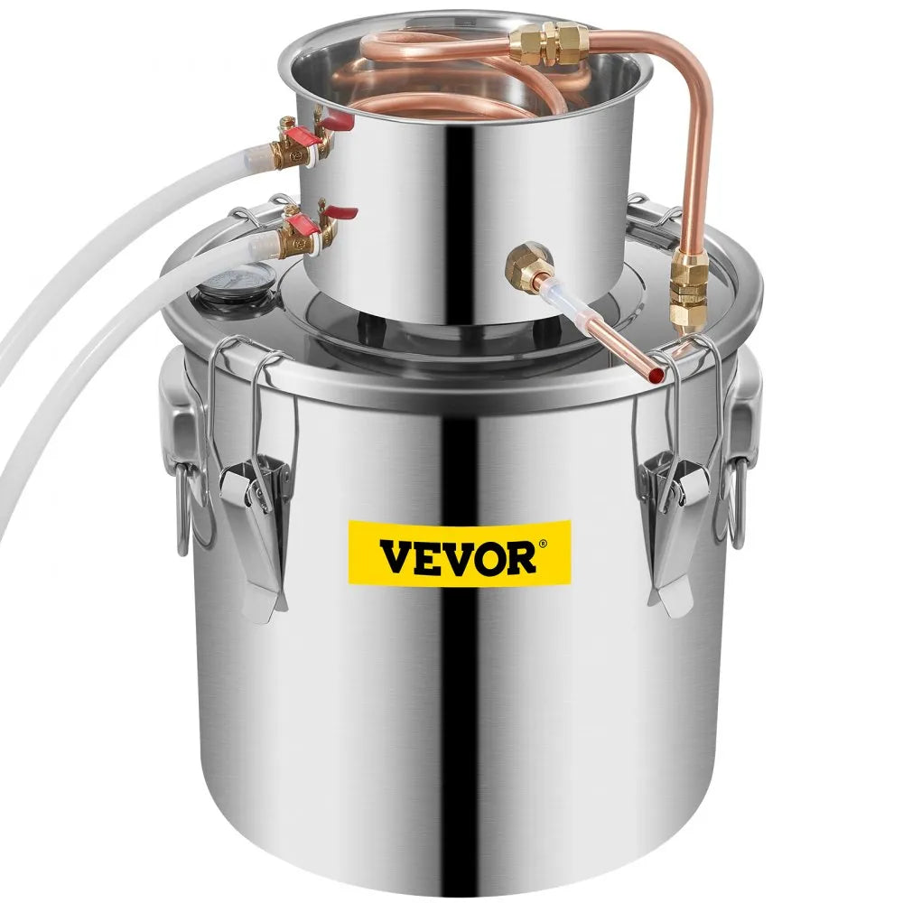 Destilador de alcohol VEVOR 5 gal/21L, acero inoxidable con serpentín de cobre. Kit completo para whisky, vino y brandy casero