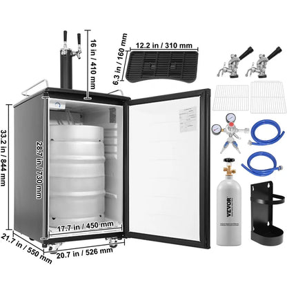Interior kegerator VEVOR 152L, capacidad para barriles tamaño completo, cuarto y sexto. Estantes ajustables, organización flexible