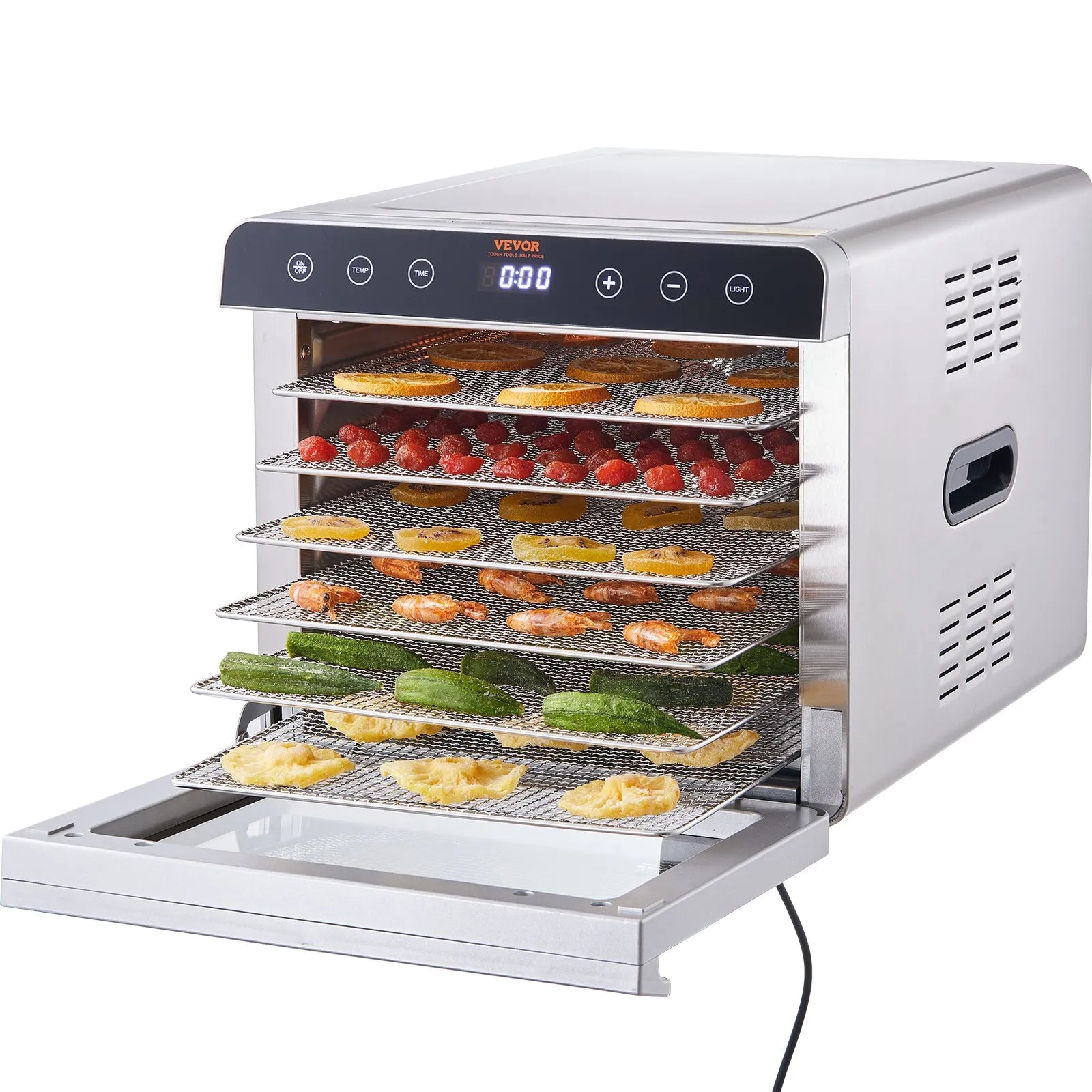 Alimentos deshidratados en VEVOR SS-06A: cecina, frutas secas y hierbas. Proceso de secado uniforme que mantiene nutrientes y sabores naturales."* Palabras clave: cecina casera, frutas secas, hierbas deshidratadas, mantener nutrientes, sabores naturales