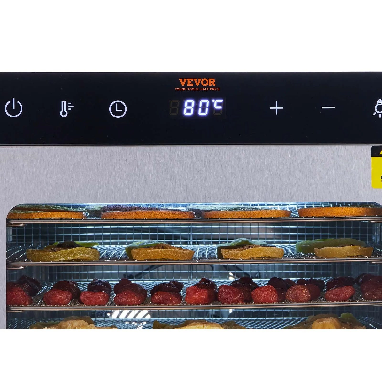 Panel de control digital de la Maquina Deshidratadora de alimentios VEVOR SS-10H, con temporizador de 0.5-48 horas y temperatura ajustable 30-90°C. Precisión total para deshidratar carnes, frutas y hierbas de venta en Webstaurant México