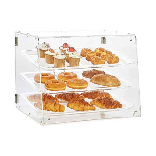 Vitrina VEVOR exhibiendo donuts, bagels y galletas en 3 niveles. Visibilidad 360° para atraer clientes en panaderías, exhibición productos horneados, donuts, bagels, galletas, visibilidad 360°, atraer clientes, panadería