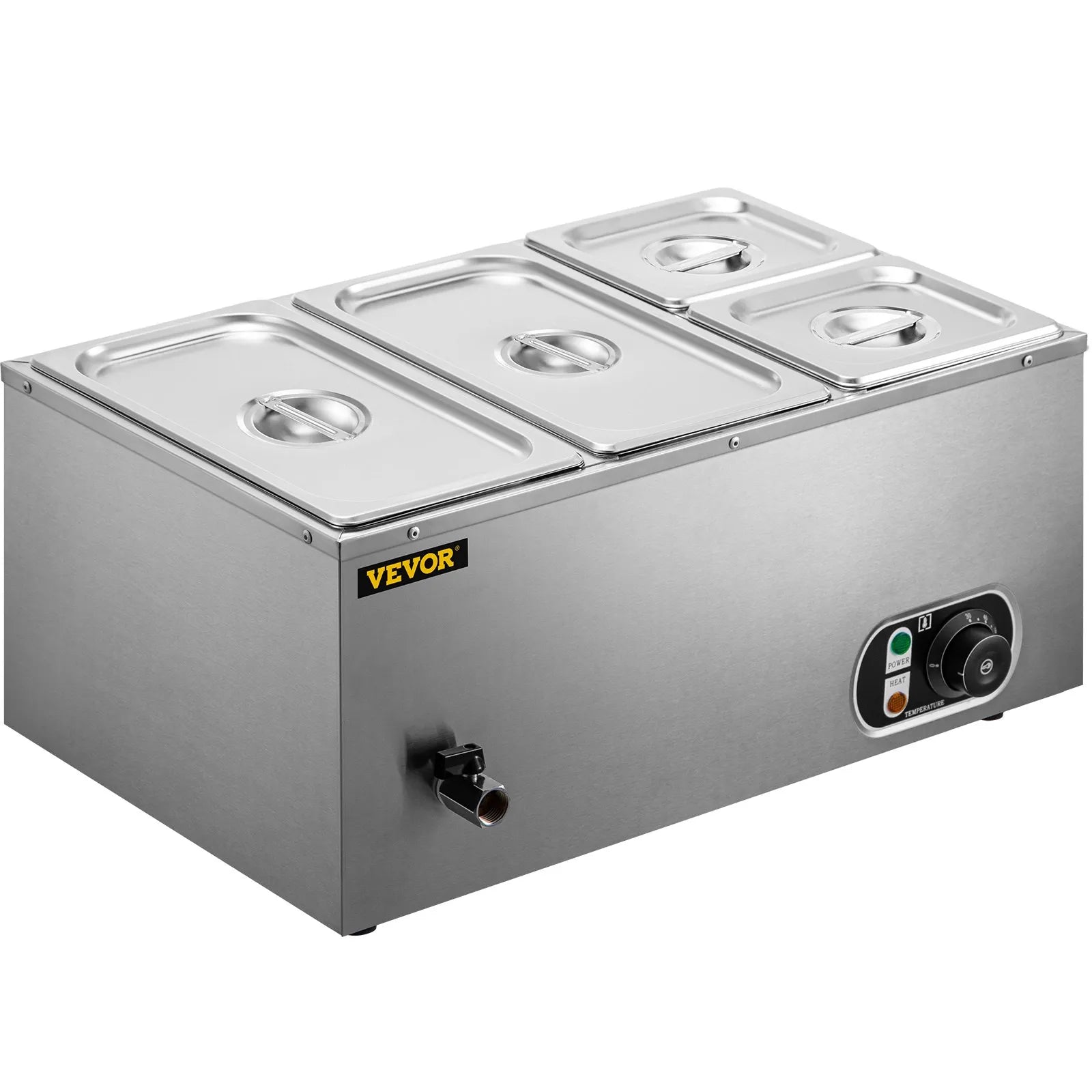 Calentador de alimentos Electrico VEVOR , INCLUYE Tapas prácticas VEVOR para cada bandeja. Conservan calor y retienen humedad, sellando sabores de alimentos preparados, grifo drenaje frontal, liberación agua, mantenimiento simplificado, vaciado fácil, limpieza eficiente