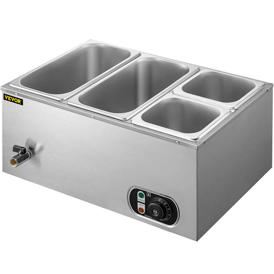 Calentador de alimentos comercial VEVOR, Configuración VEVOR con 2 bandejas GN 1/3 (5L c/u) y 2 bandejas GN 1/6 (2L c/u). Servicio simultáneo de 4 alimentos diferentes