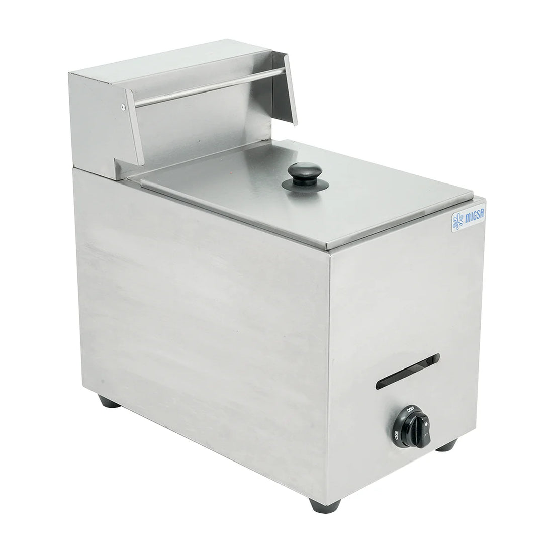 Freidora industrial a gas LP MIGSA BN-71 de 6L. Estructura en acero inoxidable con tina desmontable y canastilla cromada (18.5x21.5x10.5 cm). Sistema de encendido electrónico, eficiencia energética certificada. Medidas: 29x50x47 cm, peso: 13 kg. Sin termostato. Cumple normativas ANSI Z83.11 para equipos a gas