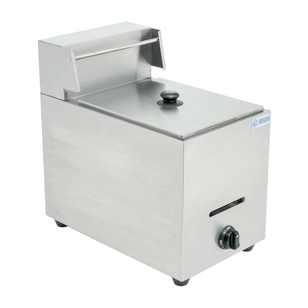 Freidora industrial a gas LP MIGSA BN-71 de 6L. Estructura en acero inoxidable con tina desmontable y canastilla cromada (18.5x21.5x10.5 cm). Sistema de encendido electrónico, eficiencia energética certificada. Medidas: 29x50x47 cm, peso: 13 kg. Sin termostato. Cumple normativas ANSI Z83.11 para equipos a gas