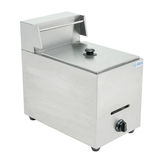Freidora industrial a gas LP MIGSA BN-71 de 6L. Estructura en acero inoxidable con tina desmontable y canastilla cromada (18.5x21.5x10.5 cm). Sistema de encendido electrónico, eficiencia energética certificada. Medidas: 29x50x47 cm, peso: 13 kg. Sin termostato. Cumple normativas ANSI Z83.11 para equipos a gas