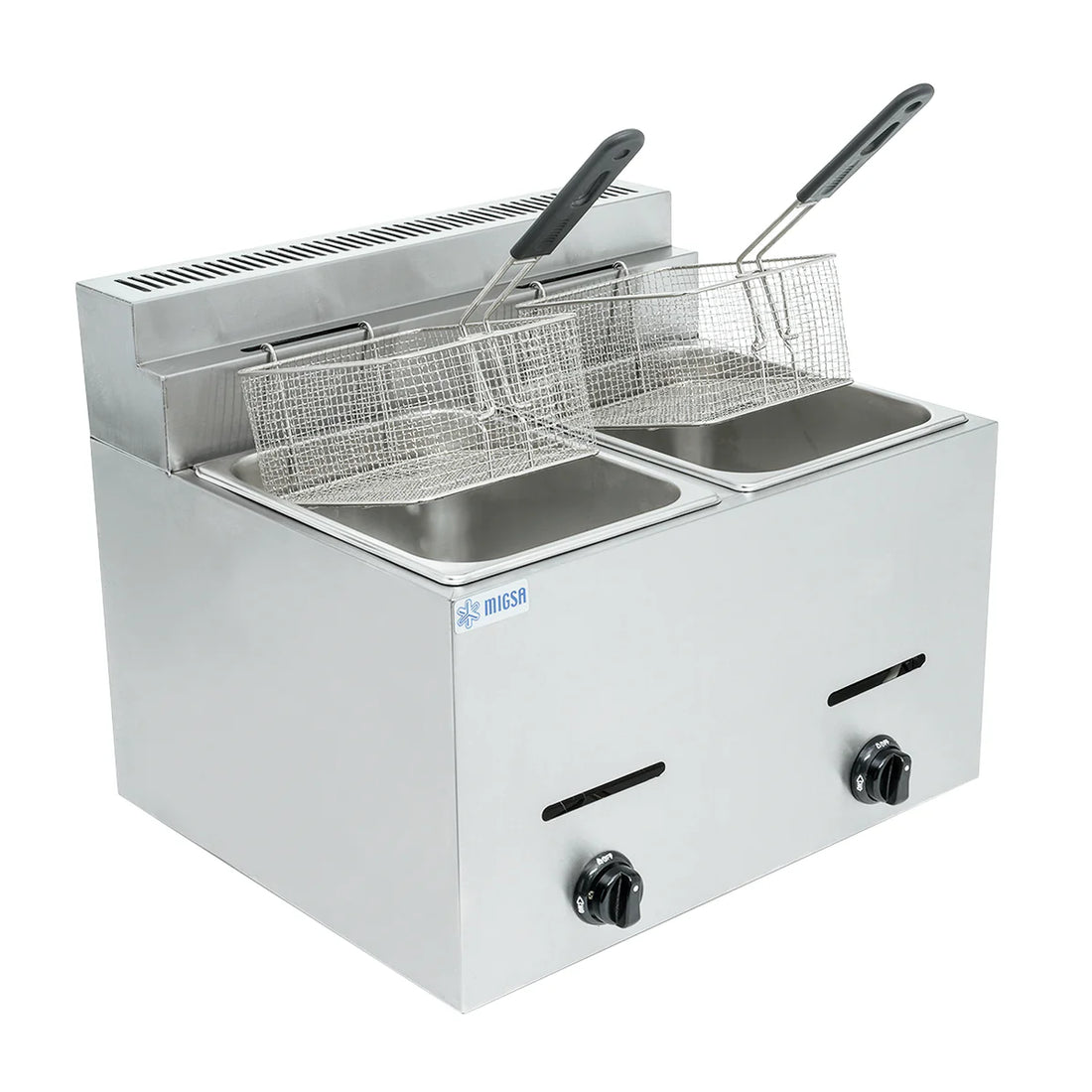 Freidora profesional BN-72 de doble tina (6L c/u) a gas LP: máxima eficiencia energética para cocinas comerciales. Componentes en acero inoxidable grado alimenticio, diseño seguro con manijas anti-quemaduras y mantenimiento simplificado