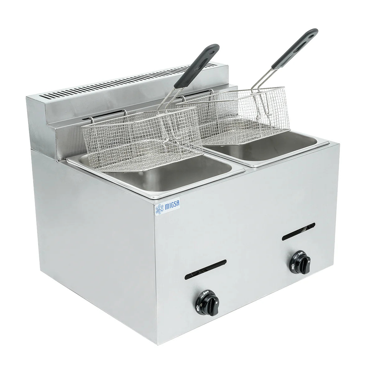 Freidora profesional BN-72 de doble tina (6L c/u) a gas LP: máxima eficiencia energética para cocinas comerciales. Componentes en acero inoxidable grado alimenticio, diseño seguro con manijas anti-quemaduras y mantenimiento simplificado