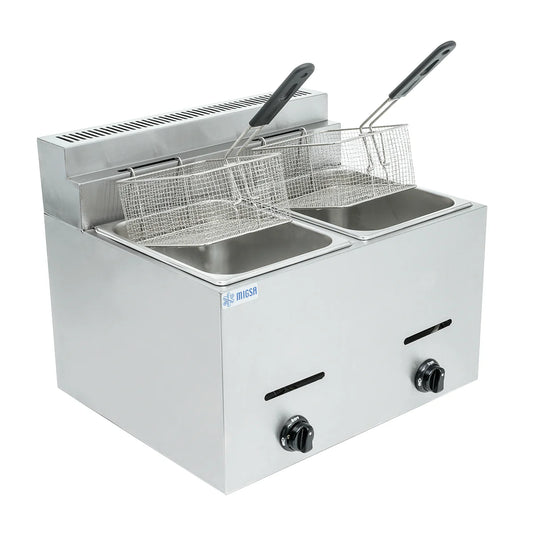 Freidora profesional BN-72 de doble tina (6L c/u) a gas LP: máxima eficiencia energética para cocinas comerciales. Componentes en acero inoxidable grado alimenticio, diseño seguro con manijas anti-quemaduras y mantenimiento simplificado