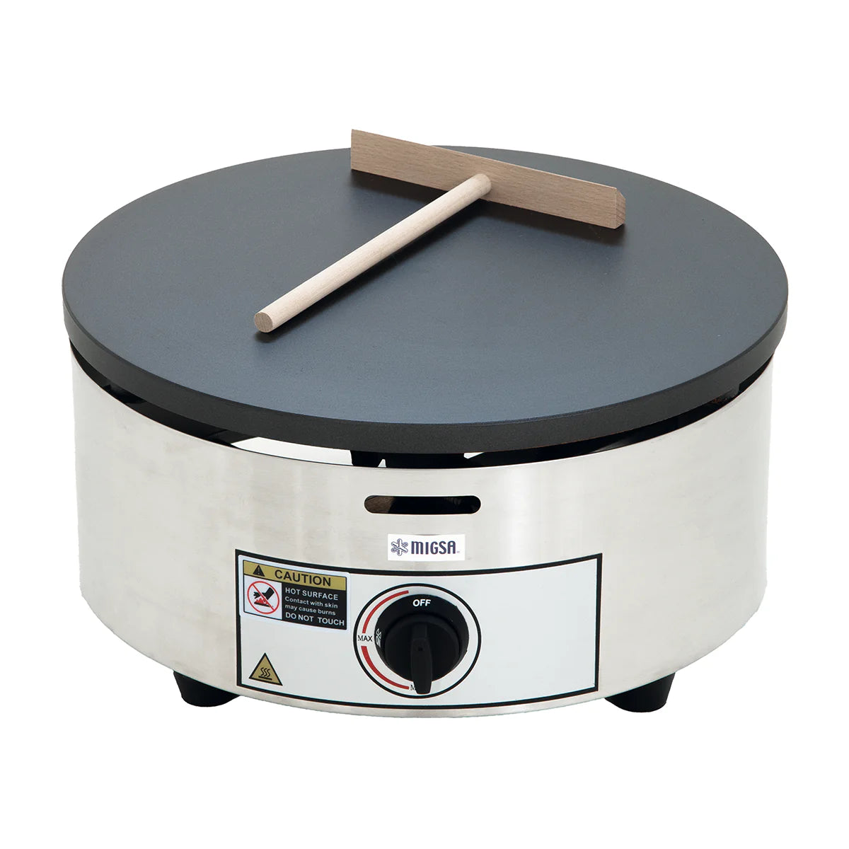 Crepera circular industrial MIGSA CM-04G para gas LP. Plato de 40 cm de diámetro en fundición de aluminio con revestimiento antiadherente Teflón. Estructura en acero inoxidable, encendido electrónico y perilla de control de temperatura. Medidas: Ø40x20 cm, peso: 20 kg. Certificación ANSI Z83.11 para equipos a gas