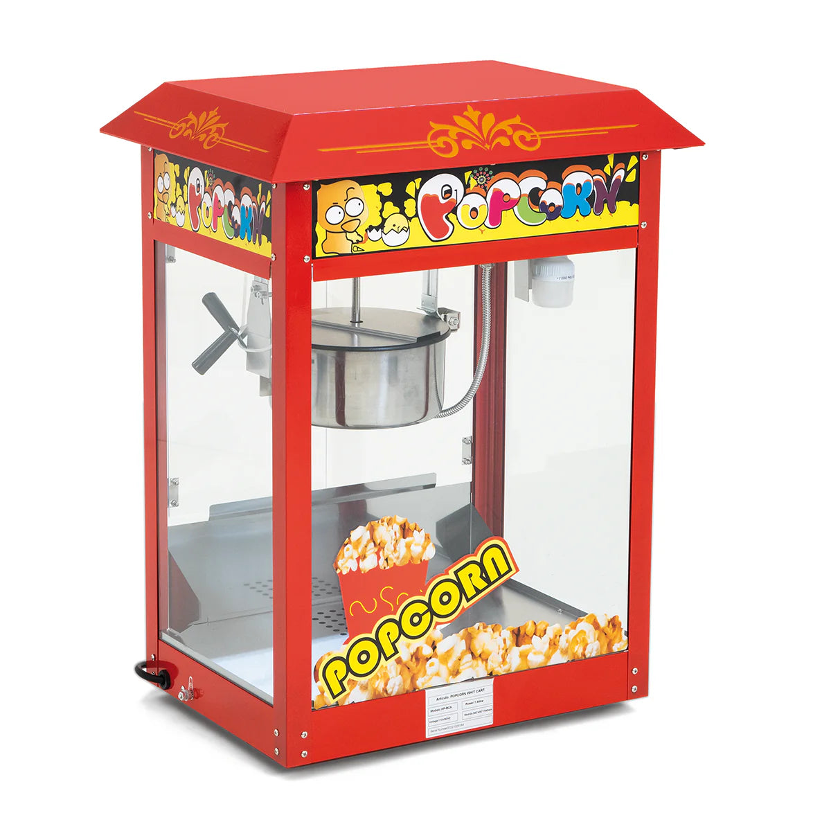 maquina para palomitas en color rojo marca migsa modelo mpe-g en lamina esmaltada de acero inoxidable con luz interior